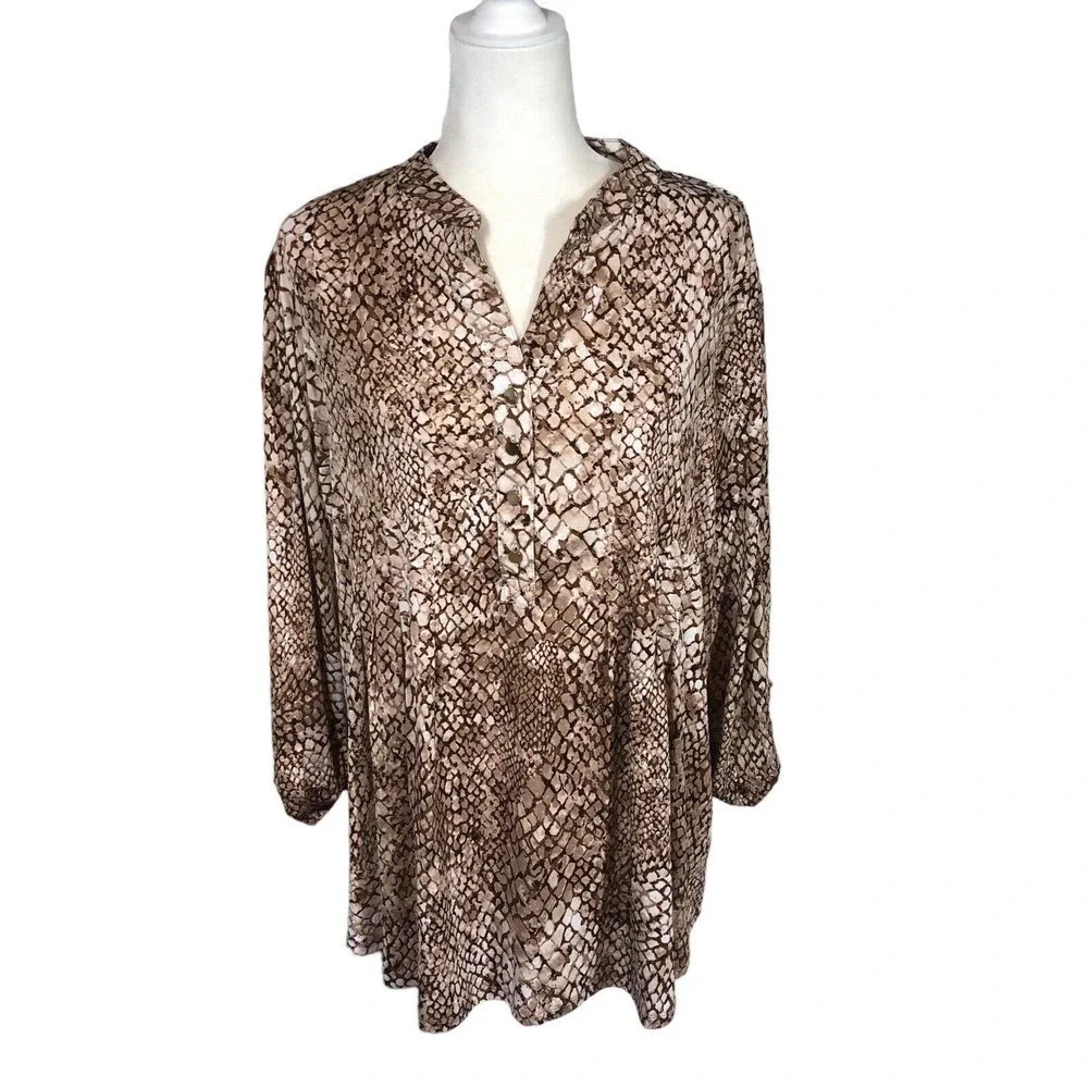 Established‎ 1962 Top Womens 2X Brown Babydoll Tunic Snakeskin Flowy Office Wear